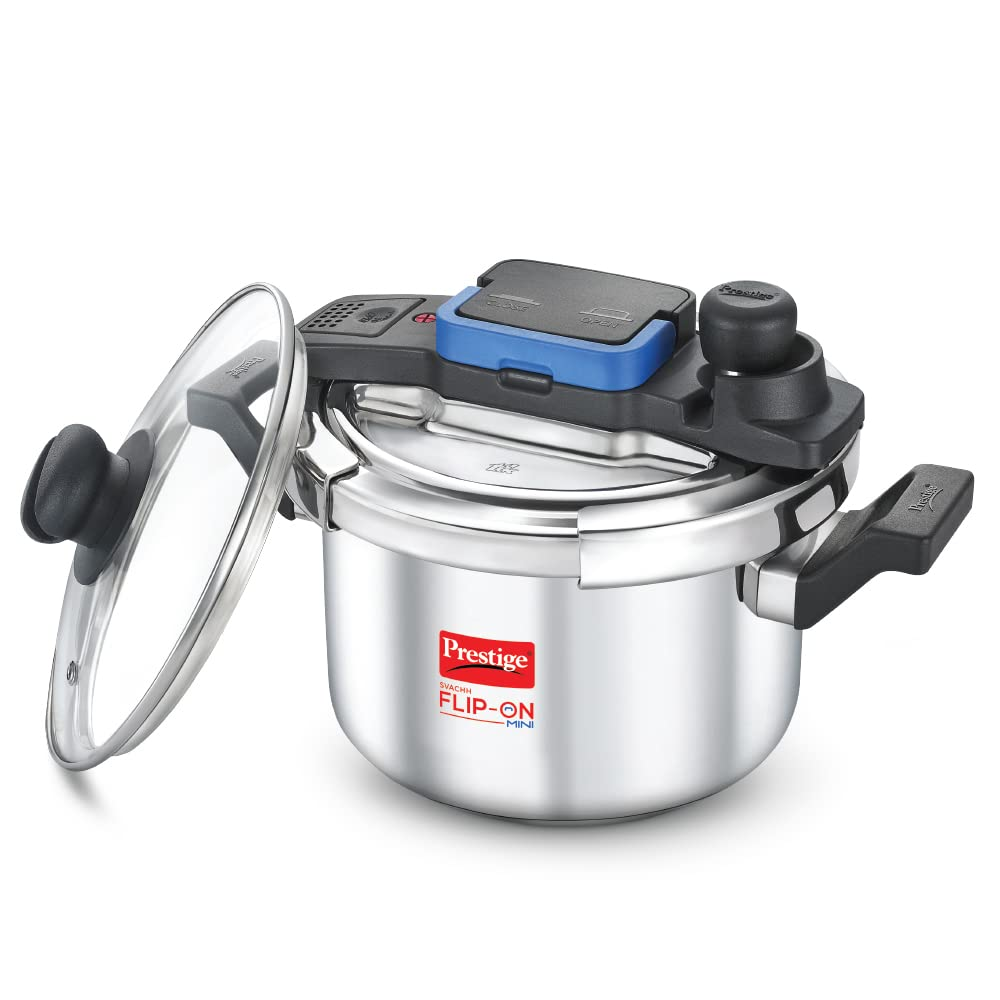Prestige Svachh FLIP-ON Stainless Steel Tri-ply bottom Pressure Cooker with glass lid|Innovative lock lid with spillage control|Gas & Induction compatible|5 years warranty|Silver