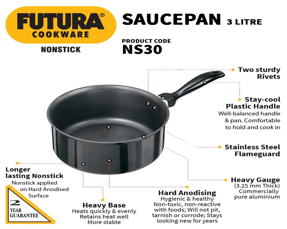 Hawkins Futura Non-Stick 3 Litre Sauce Pan | Induction Compatible -| Black