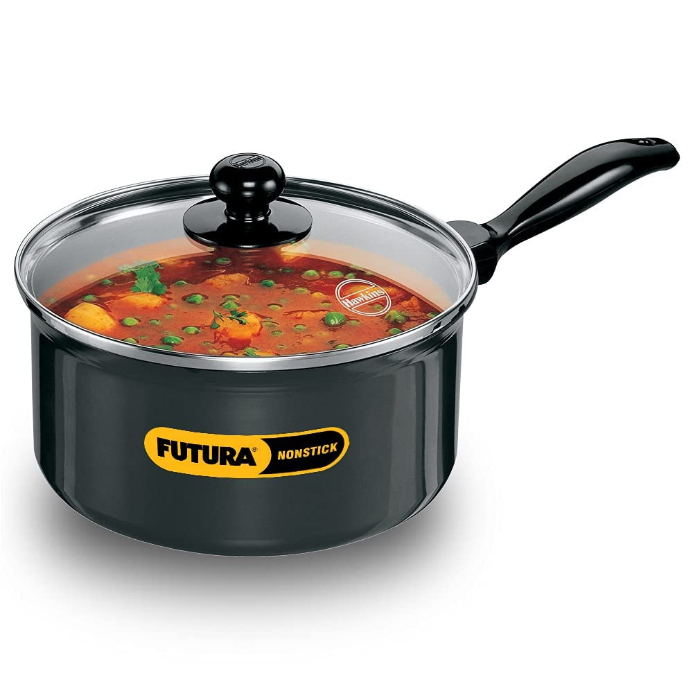 Hawkins Futura 3 Litre Nonstick Saucepan (With Glass Lid) |- Black