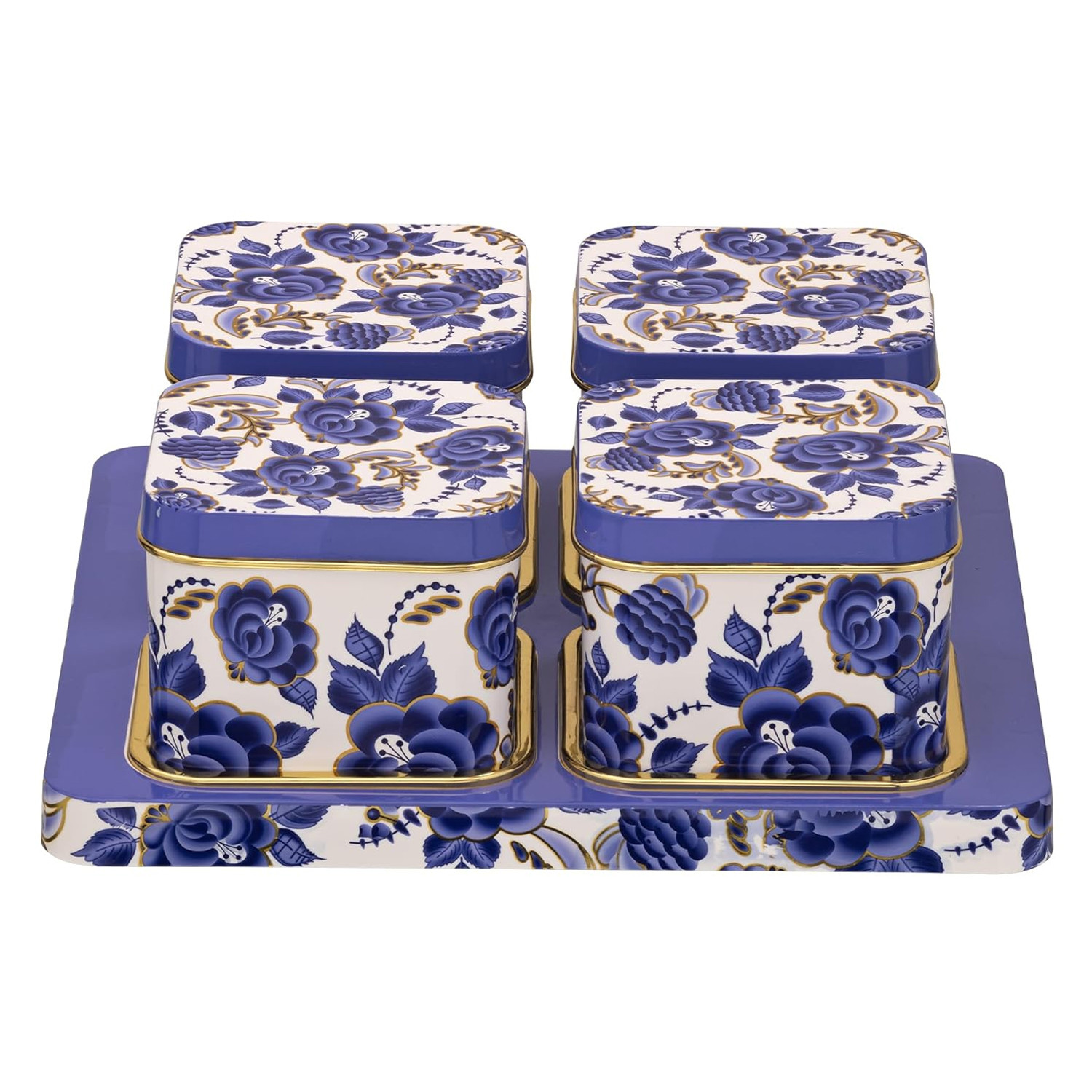 SELVEL Giving shape to life! Coral Serving Set- 4-Piece Blue Airtight Dry Fruit Container Tray Set With Lid & Serving Tray For Sweets, Chips, Cookies, And More (Polypropylene)