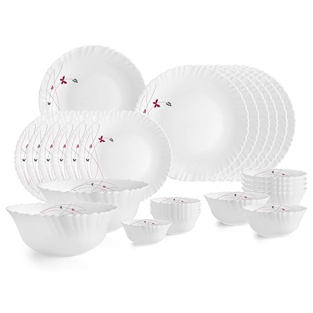 Cello Opalware Dazzle Series Lush Fiesta Dinner Set, 27Pcs - Opal Glass Dinner Set for 6 - Light-Weight, Daily Use Crockery Set for Dining - White Plate and Bowl Set
