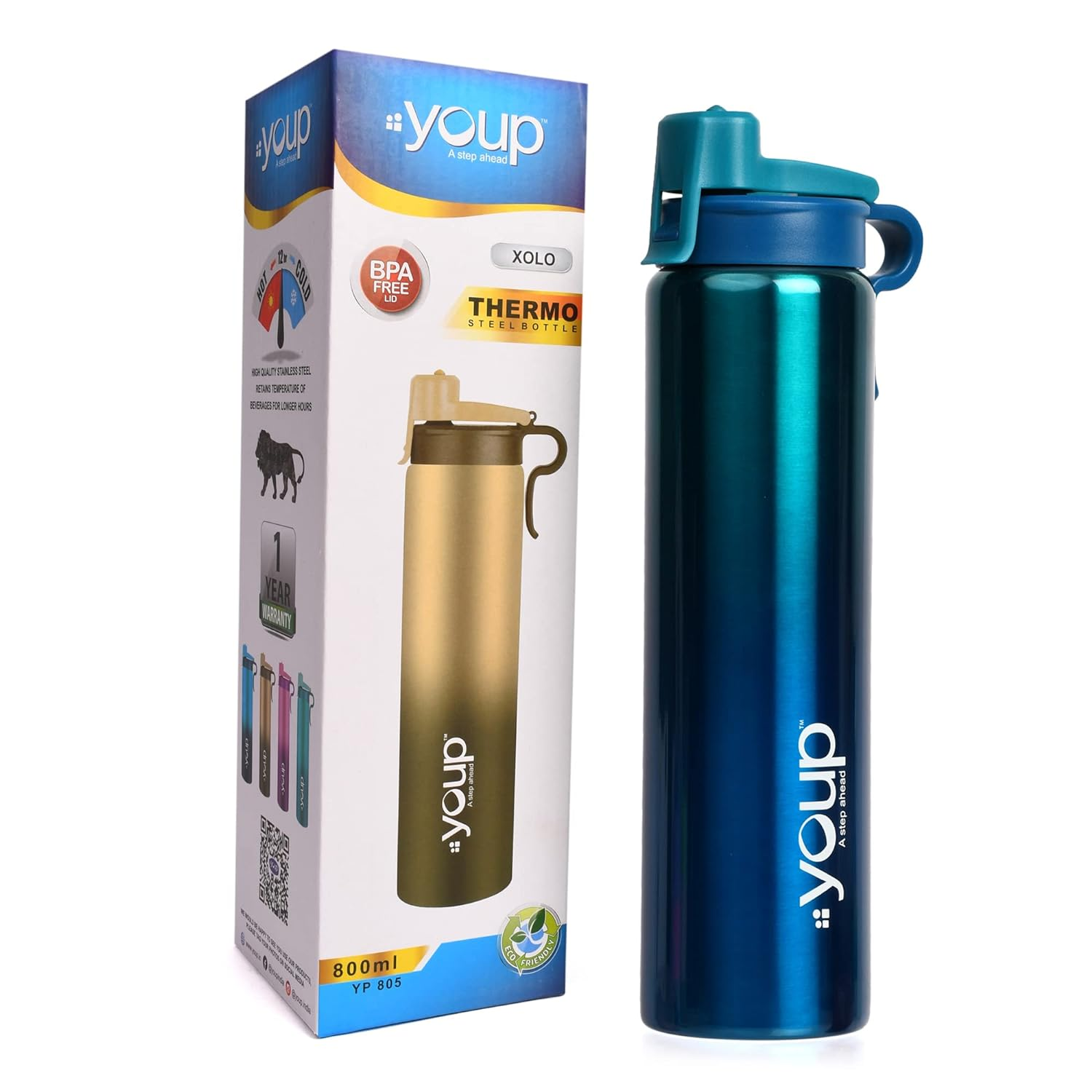 YOUP Thermosteel Insulated Metallic Blue Color Water Bottle XOLO-800 ml (Blue)