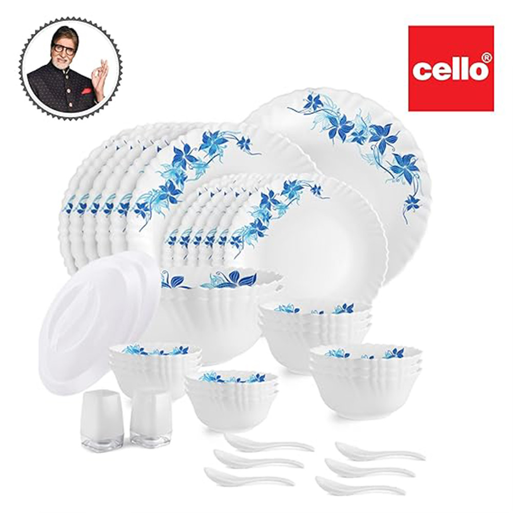 Cello Opalware Dazzle Series Blue Swirl Dinner Set, 37 Units | Opal Glass Dinner Set for 6 | Light-Weight, Daily Use Crockery Set for Dining | White Plate and Bowl Set