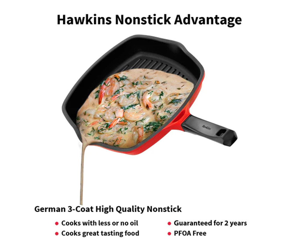 Hawkins Die Cast Nonstick Grill Pan with Glass Lid | Red & Black