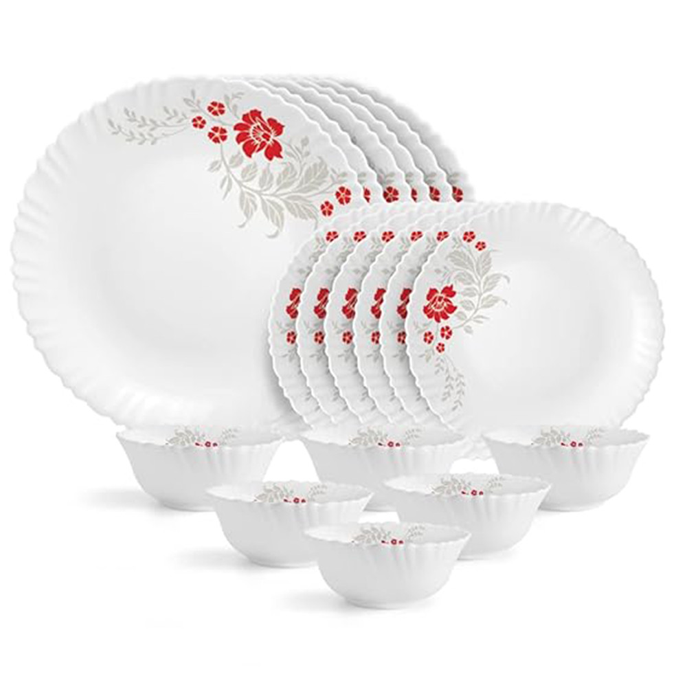 Cello Opalware Dazzle Series Scarlet Bliss Dinner Set, 18 Units - Opal Glass Dinner Set for 6 - Light-Weight, Daily Use Crockery Set for Dining -White Plate and Bowl Set