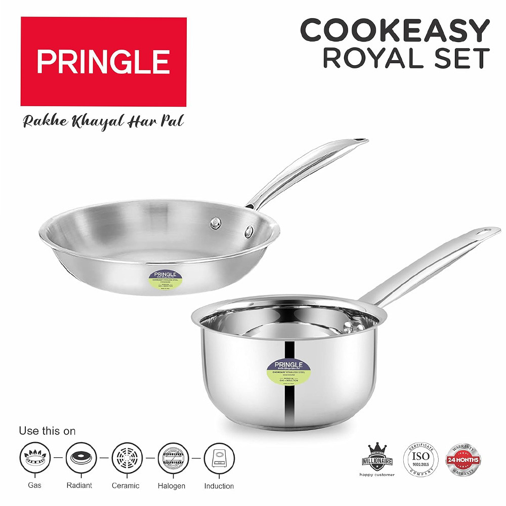 PRINGLE Cookeasy Stainless Steel 2pc Cookware Set with 3 ply clad Construction Bottom, 1pc 16cm Saucepan and 1pc 22cm Fry Pan for Home & Kitchen
