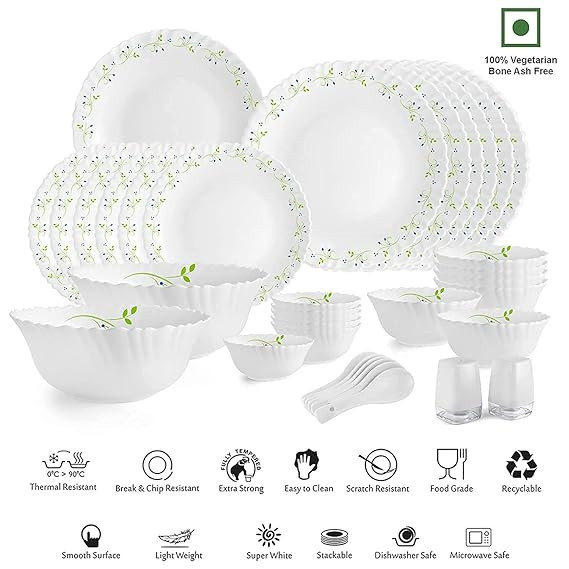 Cello Tropical Lagoon Dazzle Series Opalware Dinner Set, 35 Units | Opal Glass Dinner Set for 6 | Light-Weight, Daily Use Crockery Set for Dining | White Plate and Bowl Set | White