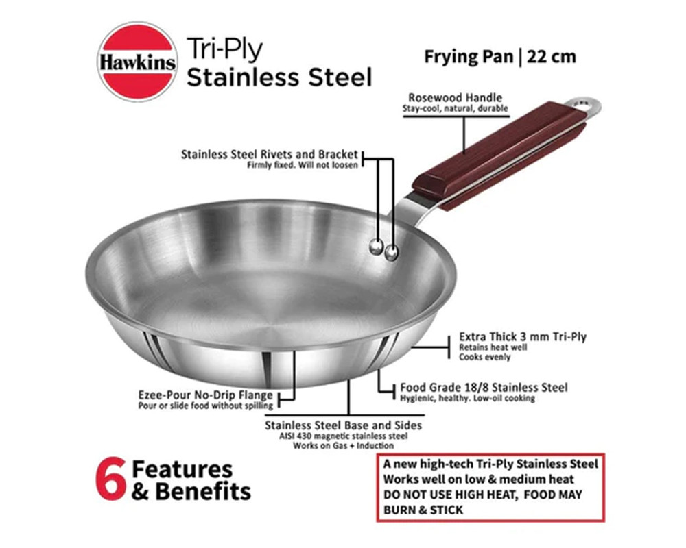 Hawkins Tri-Ply Stainless Steel Frying Pan | Induction Compatible | Silver