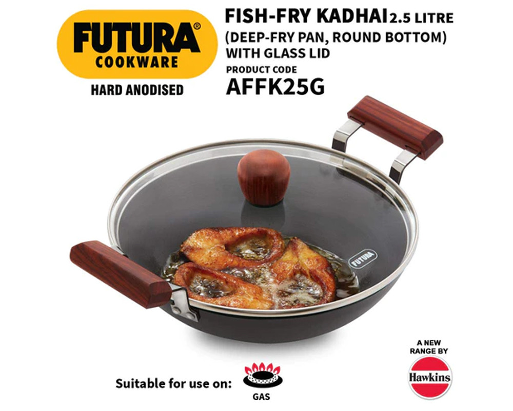 Hawkins Futura Hard Anodised Aluminium Deep Fry Pan Round Bottom with Glass Lid -Black