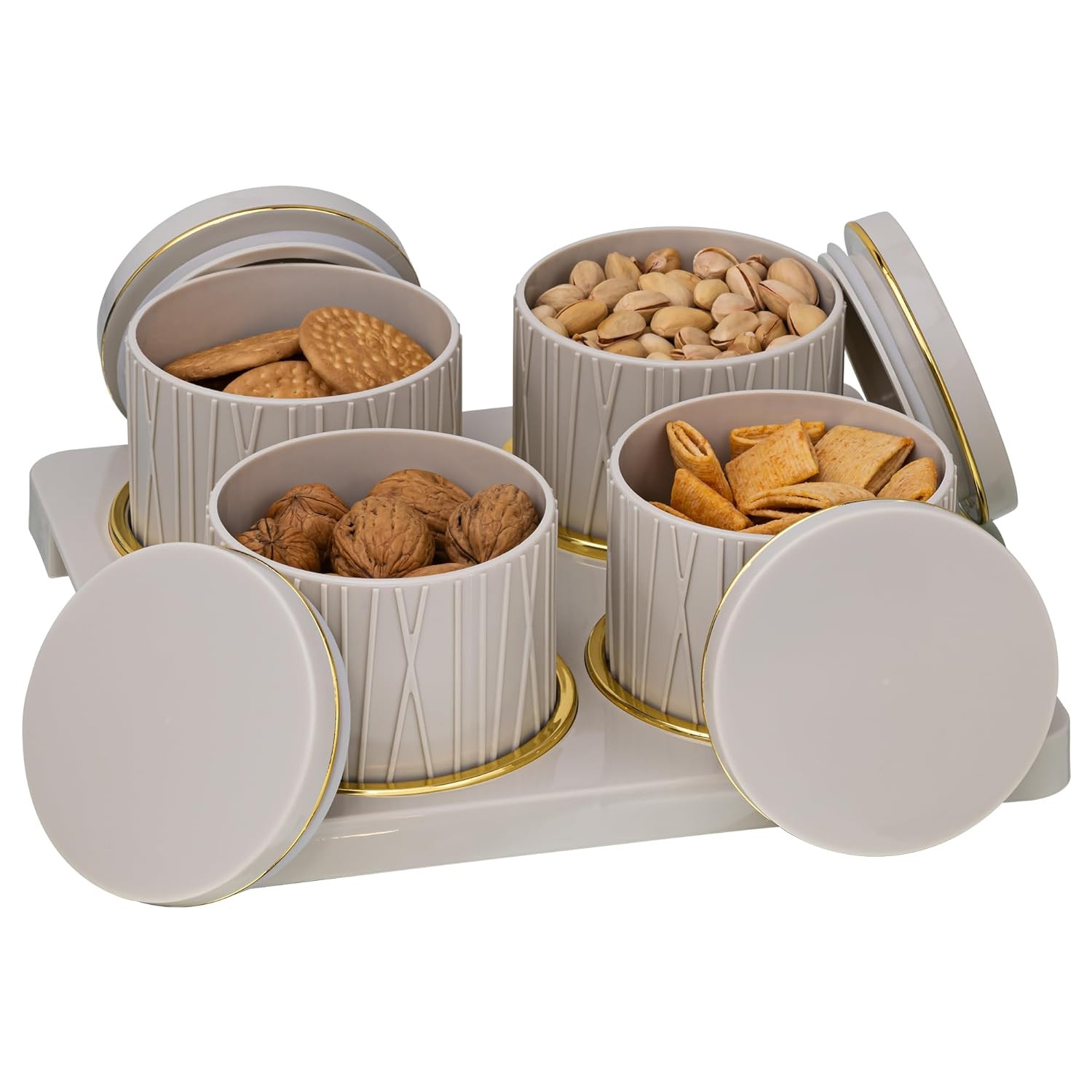 SELVEL Giving shape to life! Dune Airtight Dry Fruit Container Tray Set -4 Pcs (450ml) -Multi-Color (Classic White, Repose Grey, Bluish Grey) Polypropylene with Subtle Gold Rim