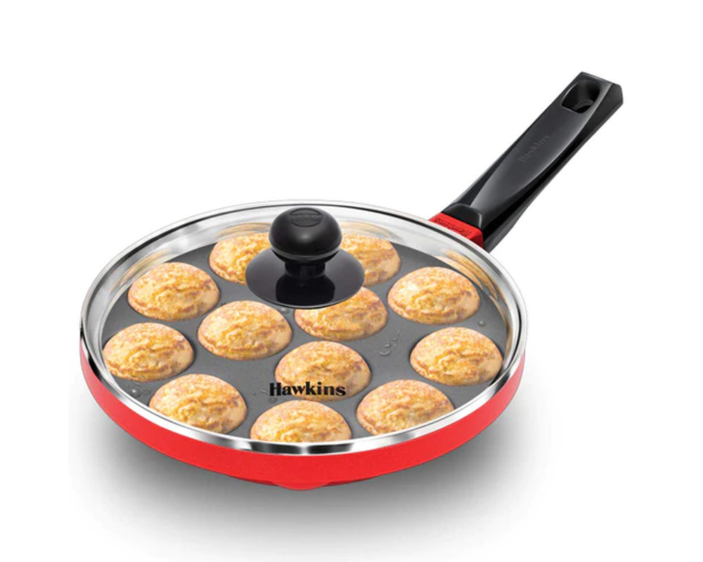 Hawkins Nonstick 22 cm Appam Pan with Glass Lid | Black & Red