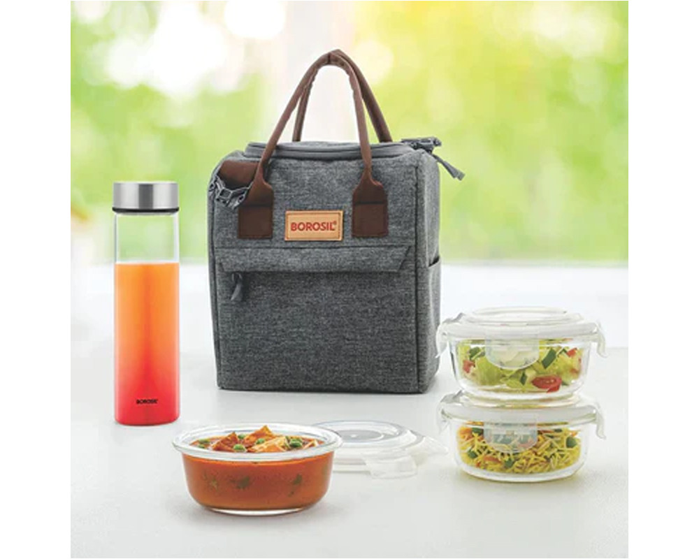 Borosil Glass Pro 3 Containers Lunch Box with Glass Bottle | Lunch Bag | Microwave Safe - Set of 4 Pcs