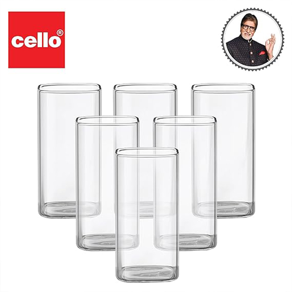 CELLO Roma Square Glass Tumblers - Borosilicate Glass -Water or Juice Glass - Set of 6 - 280ml -Clear